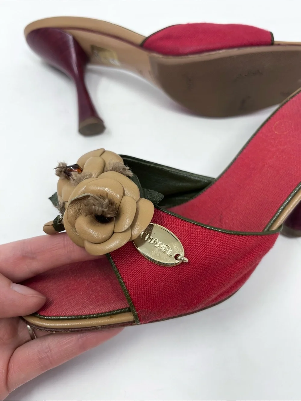 Vintage Chanel Camellia Mule Heel Sandal Red Canvas Chanel Logo Y2K size 36.5